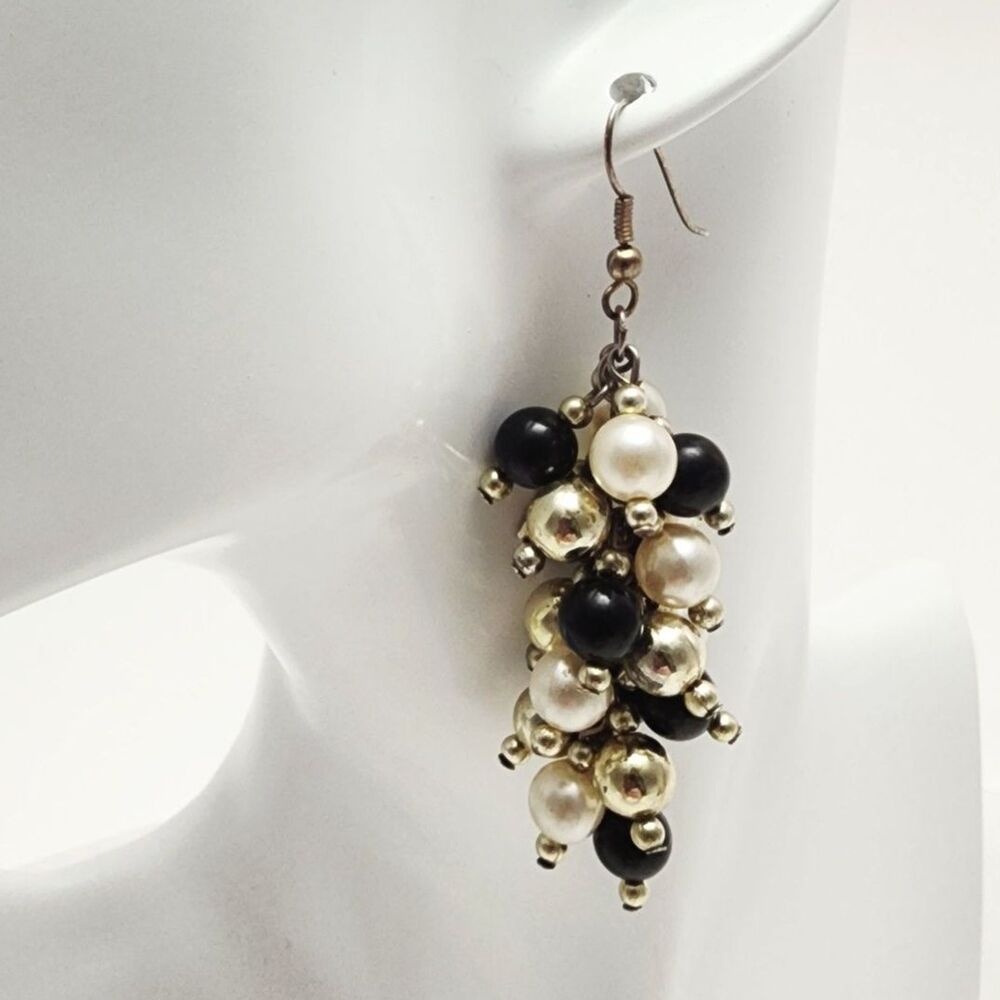 Black Cream Simulated Pearl Cha Cha Cluster Dangle Earrings Gold Tone 3”